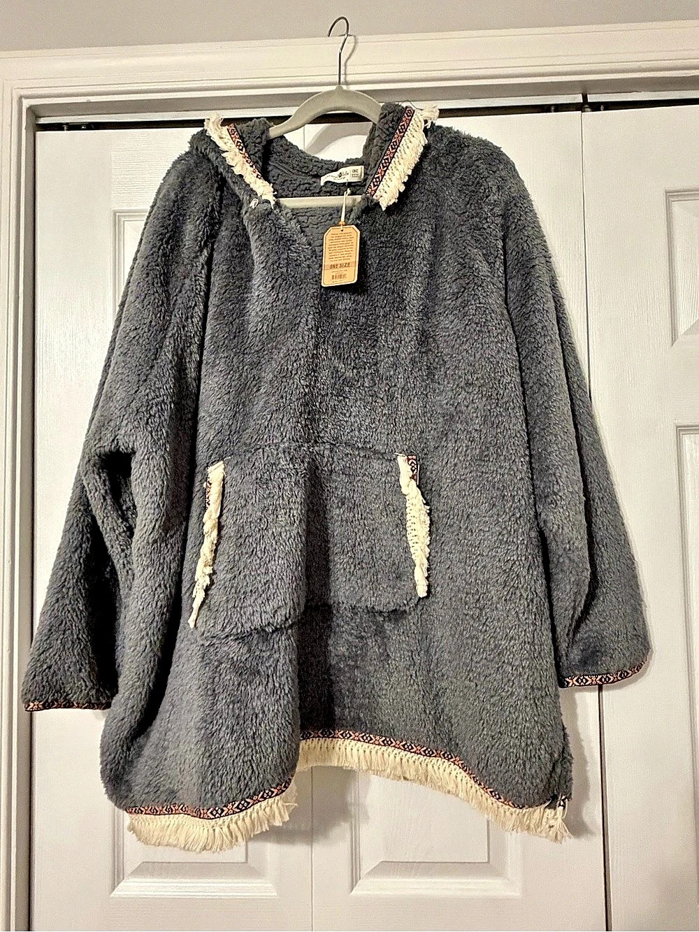 Natural Life Oversized Sherpa Fringe Hoodie Gray